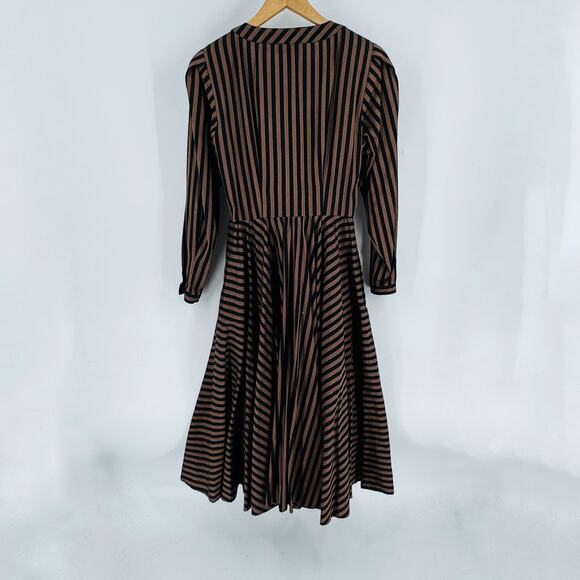 Vintage Albert Nipon Striped Button Front Midi Dress Brown Black Long Sleeve - Picture 2 of 9